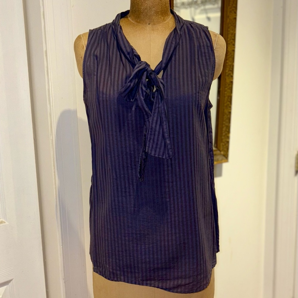 Steven Alan for Uniqlo Navy Striped Cotton Voile Sleeveless Blouse